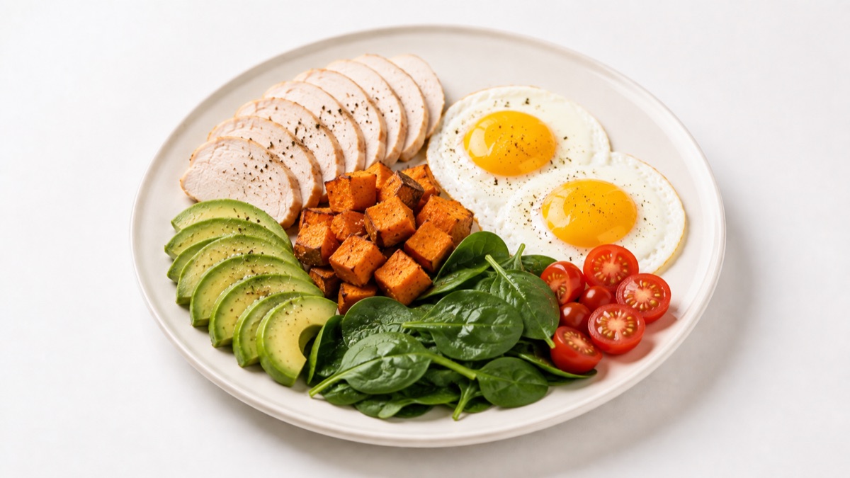 Turkey with sweet potato, eggs and avocado on a plate