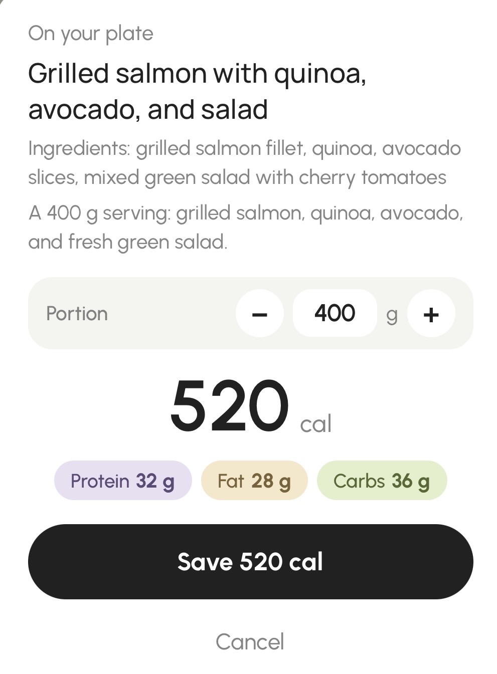 On your plate: grilled salmon with quinoa, avocado and salad.